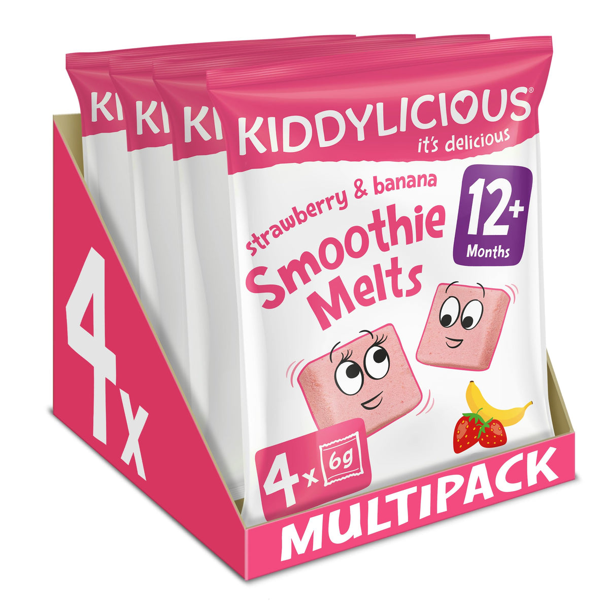 Kiddylicious Strawberry & Banana Smoothie Melts - Delicious Snacks for Kids - Suitable for 12+ Months - 4 Packs of 4 (16 Total)