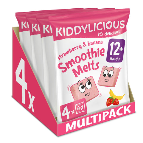 Kiddylicious Strawberry & Banana Smoothie Melts - Delicious Snacks for Kids - Suitable for 12+ Months - 4 Packs of 4 (16 Total)