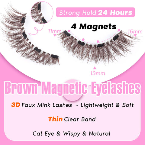 Brown Magnetic Eyelashes Natural Look Magnetic Lashes with Applicator Wispy Cat Eye Lashes 4 Magnets No Glue Magnetic Eyelashes without Eyeliner by Ruairie