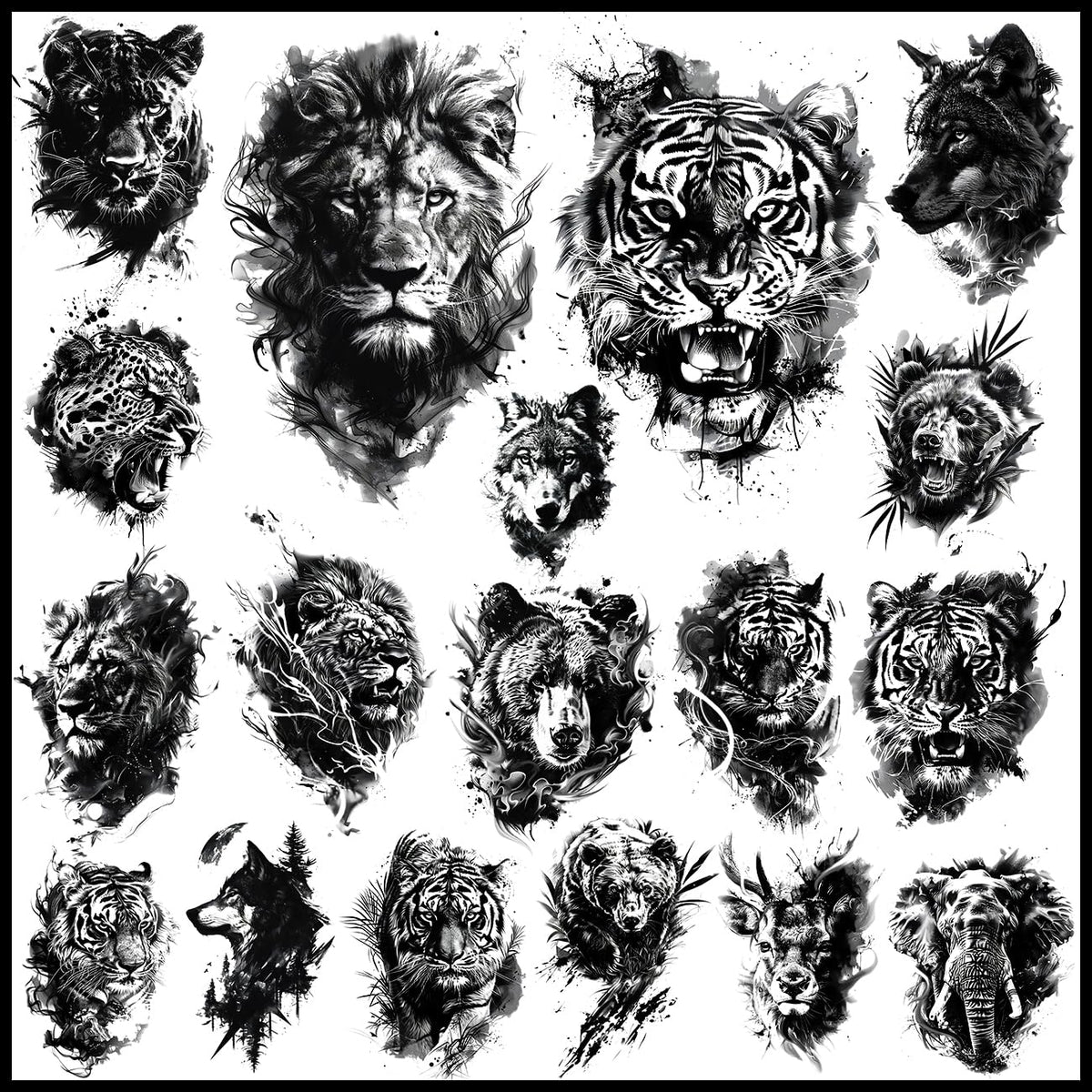 CHARLNET 18 Pcs Realistic Tiger Bear Lion Wolf Temporary Tattoos for Men Adults - Black Fake Animals Tattoo Stickers for Men Women Adult Body Art Arm Chest Shoulder