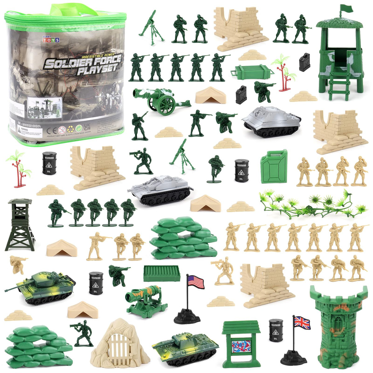 deAO 100 Piece Military Play Set with Toy Soldiers; Military Figures; Tanks; Planes; Flags; Carry Case and Battlefield Accessories