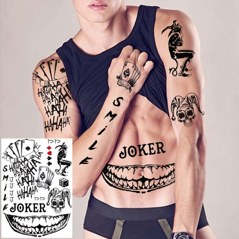 COKTAK 6 Sheets Joker Temporary Tattoos For Men Women Kids Halloween Makeup Kit Cosplay Costume, 3D Halloween Face Tattoos Prison Prisoner Inmate Gothic Rapper, Fake Clown Joker Tattoos Stickers