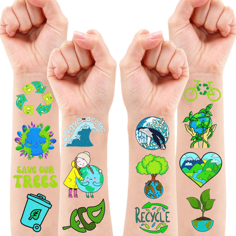 101 PCS Save The Earth Day Environment Zero Waste Fresh Green Temporary Tattoos Party Decorations Supplies Favors Globe Decor Eco Nature Word Stickers for Girls Boys Gift School Prizes Rewards