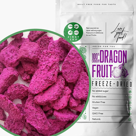 Freeze Dried Red Dragon Fruit | 100% Natural Raw Unsweetened Pink Pitaya Pieces | Freeze Dried Fruit Red Pitahaya | Make Smoothie Powder or Snacking | Pink Food Colouring Fruits Berries ZingyZoo