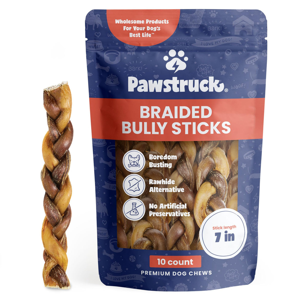 Pawstruck Natural 7ÃƒÆ’Ã‚Â¢ÃƒÂ¢Ã¢â‚¬Å¡Ã‚Â¬Ãƒâ€šÃ‚Â Braided Bully Sticks for Dogs - Tough Long Lasting, Rawhide Free, Low Odor, Healthy Single Ingredient Chew Treat for Aggressive Chewers - 10 Count - Packaging May Vary