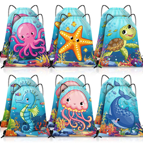 Frienda 12 Pack Under the Sea Party Favors Drawstring Bags Backpack with Sea Creatures for Kids Ocean Birthday Party Supplies Baby Shower Sea Theme Gifts, 12 x 10 Inch