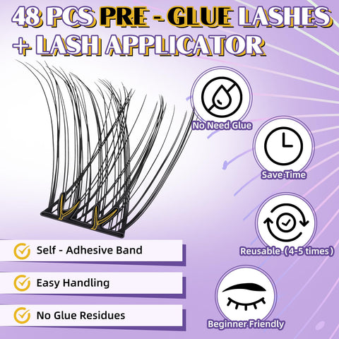 B&Q Self Adhesive Eyelashes 48 PCS Reusable Adhesive Eyelashes Pre-Glued Cluster Lashes D Curl No Glue Eyelashes 10-16mm with Lash Tweezers 1 Step DIY Lash Self Stick Easy to Apply (SA03-D,10-16mm)