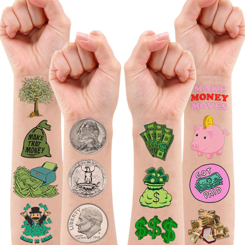 96PCS Fun Tattoo Temporary Tattoos Money Jar Symbol Stickers Theme Birthday Party Decorations Favors Decor Supplies Cute Quote Sticker Gifts for Adults Kids Girls Boys School Prizes Carnival Halloween