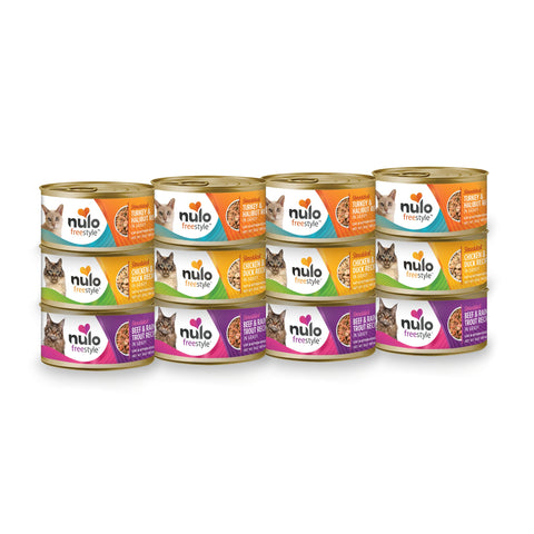 Nulo Freestyle Shredded Canned Wet Cat Food Variety Bundle - 3 oz. - 3 Flavors - Chicken & Duck, Beef & Rainbow Trout, and Turkey & Halibut (12 Cans Total)