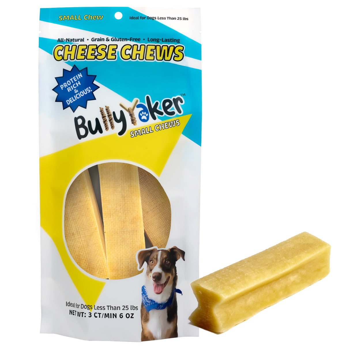 BULLYYAKER Cheese Chews: Himalayan Yak Cheese Dog Chews- Natural, Healthy & Long Lasting Dog Treats - Grain, Gluten & Lactose-Free Rawhide Alternatives, Small 3 Pack, 6 Oz