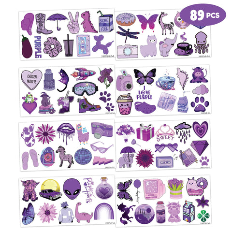 89 PCS Funny Purple Temporary Tattoos Sticker Dark Purple Birthday Party Supplies Decorations Favors Celebration Gifts Boys Girls Baby Shower Adult Cute Tattoo School Prizes Reward Themed