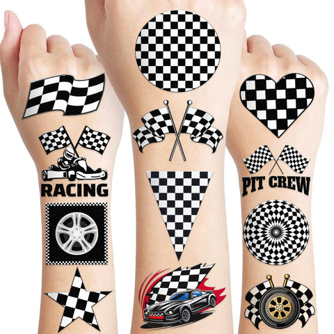 104 PCS Funny Race Car Checkered Flag Black and White Temporary Tattoos Sticker Birthday Party Decorations Supplies Favors Gifts Boys Girls Men Women Cute Racing Fake Tattoo School Prizes Carnival