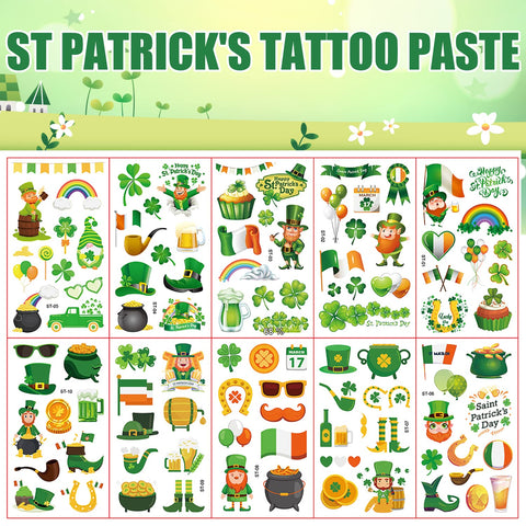 10 Sheets St Patricks Day Temporary Tattoos, Waterproof St Patricks Tattoos Shamrock Tattoo Temporary St Patricks Day Stickers for Kids Party Supplies & Favors