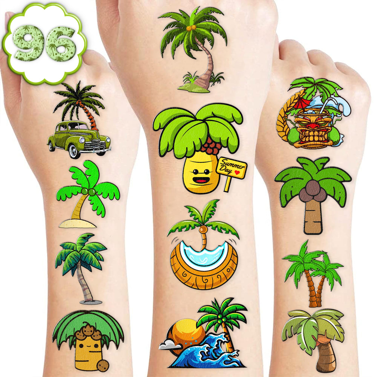 101 PCS Palm Tree Leaves Temporary Tattoos Birthday Party Decorations Supplies Favors Luau Hawaiian Themed Tropical Summer Palm Coconut Tree Beach Pool Decor Stickers Gift School Prizes Rewards