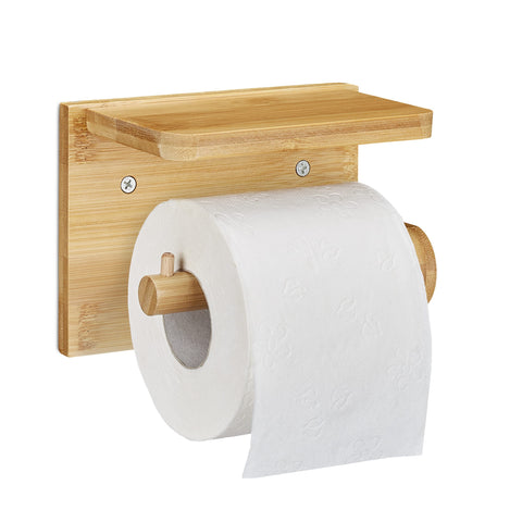 Relaxdays Toilet Roll, Wall Shelf, Phone Holder, Bathroom, Wooden, Storage, Ba, HxWxD: 12x16x10.3 cm, Natural, Bamboo, 12 x 16 x 10.3 cm