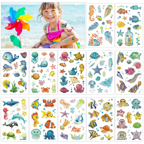 Konsait 120+ Ocean Temporary Tattoos, Glitter Under the Sea Tattoos for Kids Adult, Fish Tattoos Sea Life Animal Temporary Tattoos, Shark Octopus Starfish Fake Tattoos, Under the Sea Party Favors