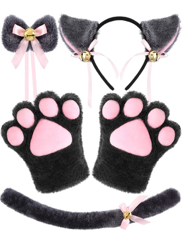 SATINIOR Cat Costume Kitten Tail Ears Collar Paws Gloves 5 Pieces Anime Cat Costume Set for Women Girl Halloween Dress up (Gray and Pink)