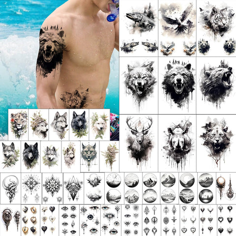 GLARYYEARS Temporary Tattoo for Men, 44-Pack Large+Small size Realistic Tattoos, Long-lasting Fake Tattoo Stickers, Cool Black Body Half Arm Tattoos, Bear Lion Wolf Tiger Rhino Deer Evil Eyes Design