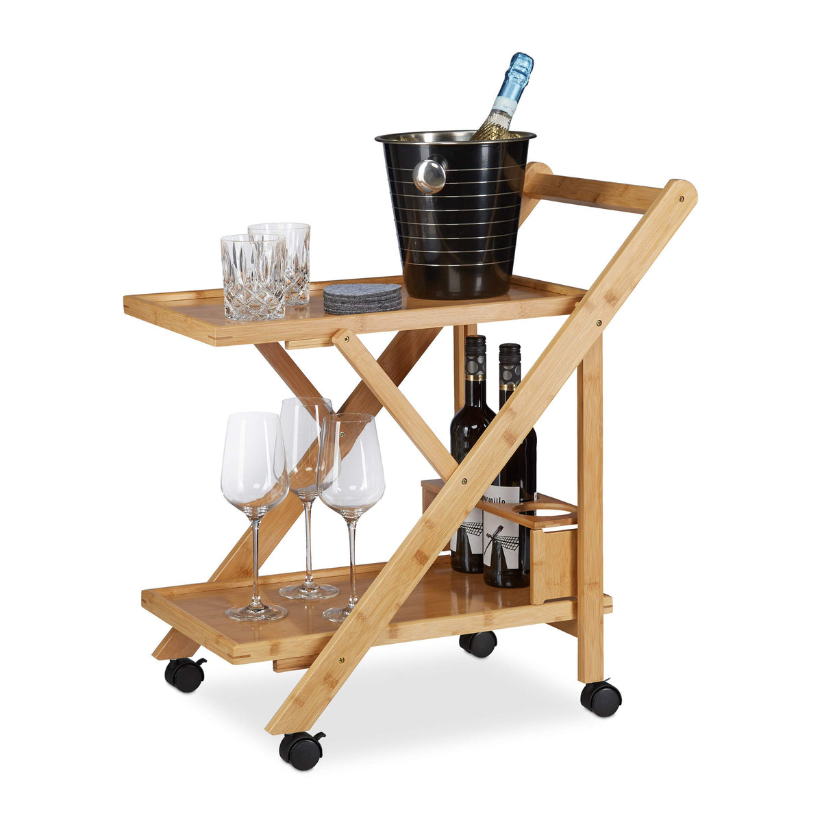 Relaxdays Bamboo Kitchen Trolley, Foldable Serving Cart with Bottle Holder, Wooden, Castors, HxWxD: 70 x 40.5 x 65 cm, Natural