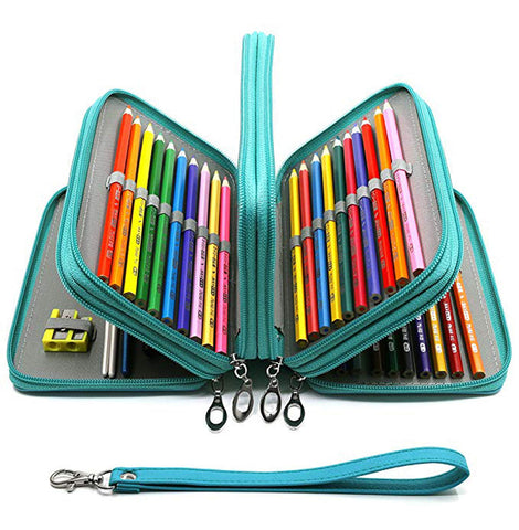 YOUSHARES 72 Slots Pencil Case - PU Leather Handy Multi-layer Large Zipper Pen Bag with Handle Strap for Colored/Watercolor Pencil (Turquoise)