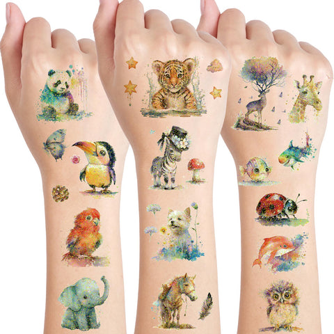 Konsait 26 Sheets Animal Tattoos, 156+Styles | Watercolor Glitter Safari Animal Temporary Tattoos, Animal Themed Fake Tattoos for Kids Adult Birthday Party Favors Goodie Bags Stuffer Party Fillers