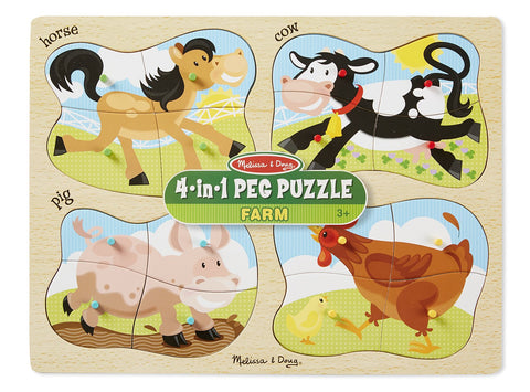 Melissa & Doug Farm 4-in-1 Wooden Peg Puzzle - Horse, Cow, Pig, and Hen (16 pcs)