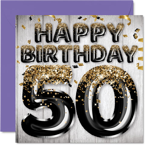 50th Birthday Card for Men - Black & Gold Glitter Balloons - Happy Birthday Cards for 50 Year Old Man Dad Papa Pop Pops Grandpa Gran Uncle, 5.7 x 5.7 Inch Fifty Fiftieth Bday Greeting Cards Gift