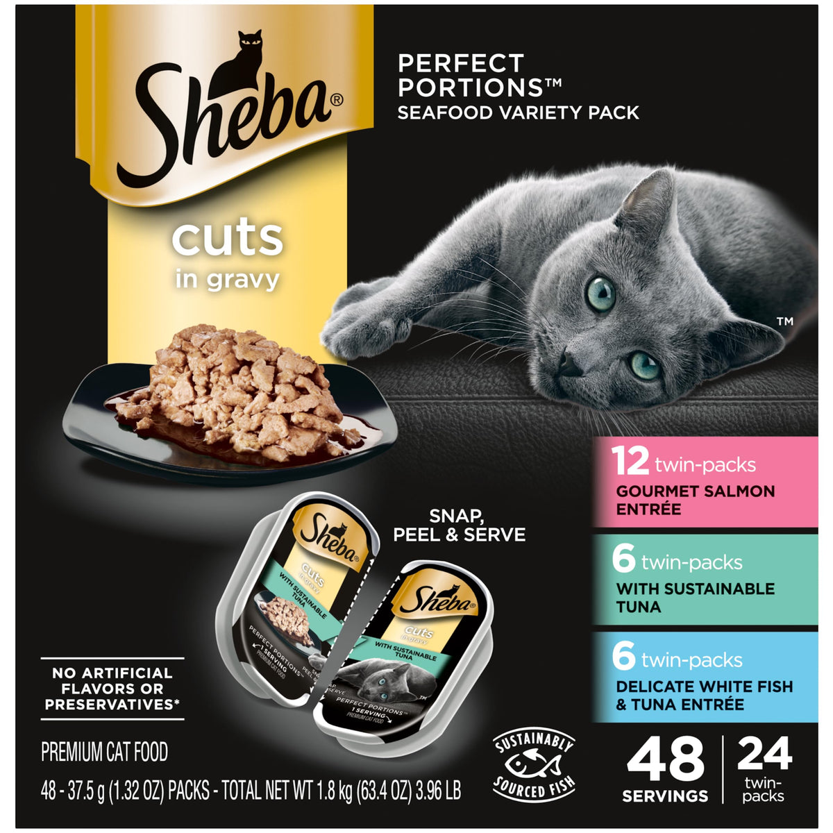 SHEBA PERFECT PORTIONS Cuts in Gravy Adult Wet Cat Food Trays (24 Count, 48 Servings), Gourmet Salmon, Sustainable Tuna, And Delicate Whitefish & Tuna EntrÃƒÆ’Ã†â€™Ãƒâ€ Ã¢â‚¬â„¢ÃƒÆ’Ã¢â‚¬Å¡Ãƒâ€šÃ‚Â©e, Easy Peel Twin-Pack