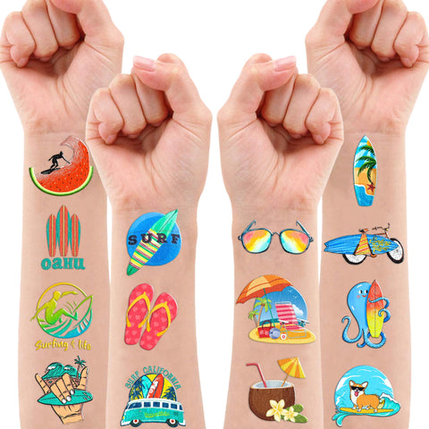 103PCS Summer Surfing Surf Temporary Tattoos Birthday Theme Party Decorations Favors Supplies Decor Cute Beach California Hawaiian Ocean Surfer Stickers Gifts for Kids Boys Girls Carnival Class Prizes