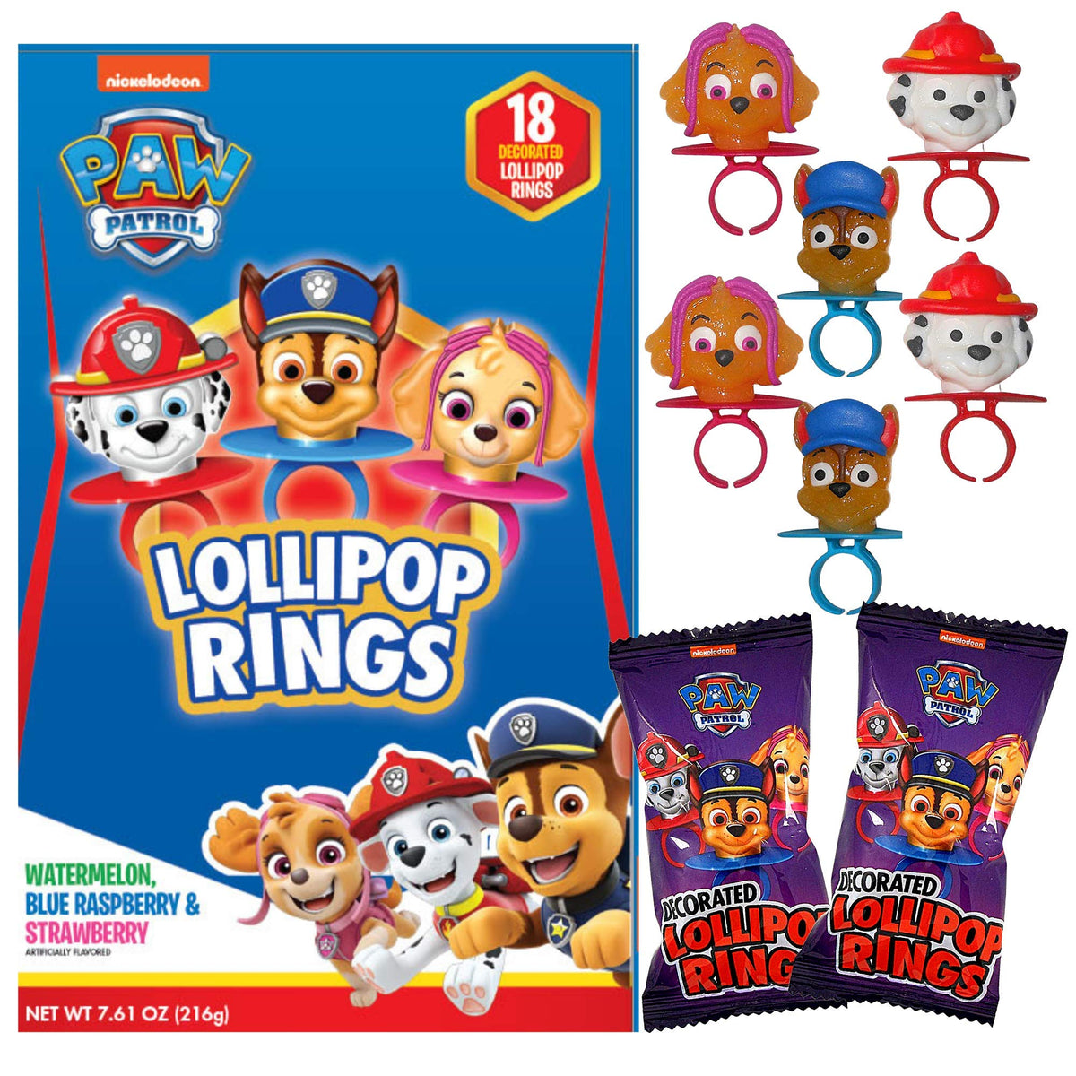 Decorated PAW Patrol Themed Lollipops Rings, Assorted Fruit Flavored Hard Candies, 18 Individually Wrapped Pieces