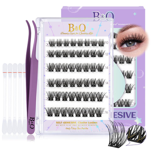 B&Q Self Adhesive Eyelashes 48 PCS Reusable Adhesive Eyelashes Pre-Glued Cluster Lashes D Curl No Glue Eyelashes 10-16mm with Lash Tweezers 1 Step DIY Lash Self Stick Easy to Apply (SA01-D,10-16mm)