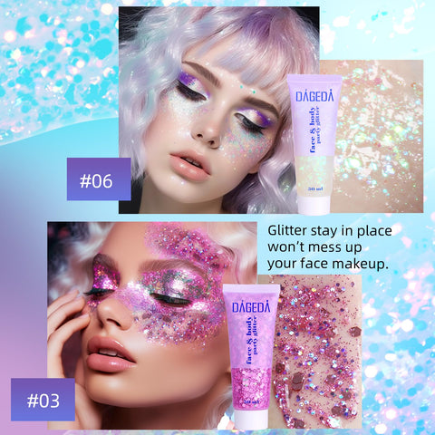 DAGEDA 2Colors Body Glitter Gel, Face Glitter Gel Body Shimmer Body Sequins Liquid Eyeshadow, Holographic Laser Glitter Makeup Extra Fine Glitter Gel for Women Rave Accessorie (White and Pink)