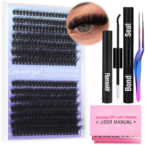 Geeneiya Fluffy Lash Extension Kit Cluster Eyelash Extension Kit Clusters Individual Lashes Kit with Lash Bond and Seal Glue, Lash Remover, Lash Applicator, User Manual for Beginners(60P+80P, 280Pcs)