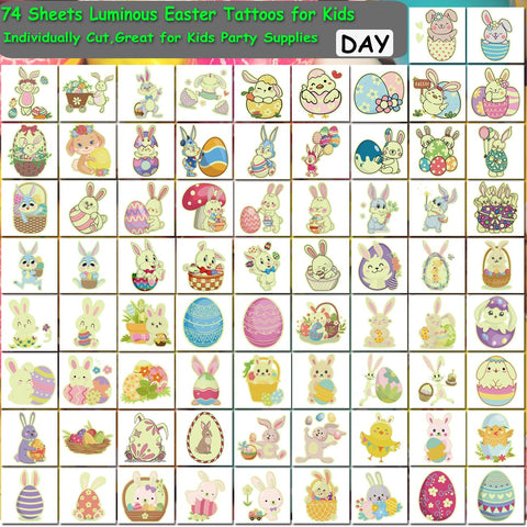 CHARLENT Glow in The Dark Easter Temporary Tattoos for Kids Party Supplies - 74 Individually Sheets Luminous Easter Egg Bunny Tattoos for Boys Girls Party Favors Goodie Bag Fillers