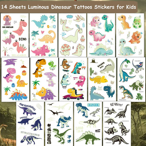 CHARLENT Luminous Dinosaur Tattoos for Kids - 14 Sheets Glow in The Dark Dinosaur Temporary Tattoos for Boys Girls Birthday Party Favors Goodie Bag Fillers