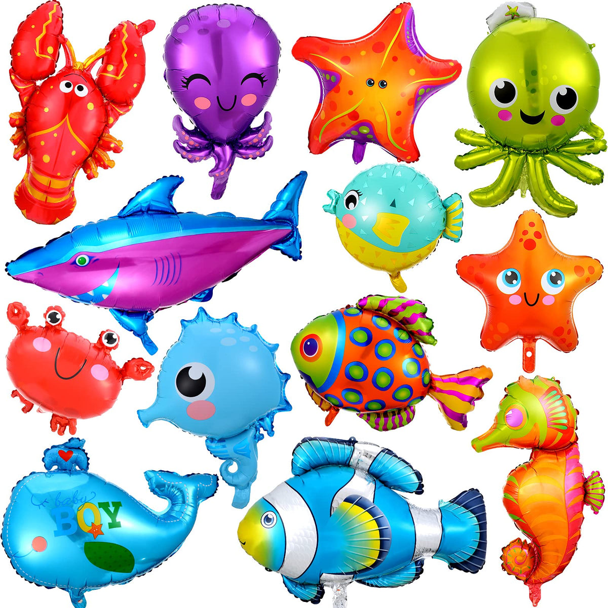 Sumind 14 Pcs Sea Ocean Animal Balloons for Under The Sea Decorations Large Ocean Creature Balloons Fish Octopus Shark Foil Balloons for Boys Girls Birthday Party Baby Shower(Cute Style)