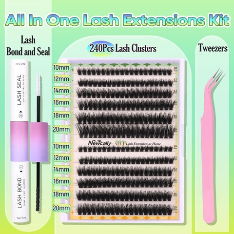 Fluffy Lash Extensions Kit 240 Pcs Wispy Cluster Lashes 10-20MM Individual Eyelashes Cluster Eyelash Extensions with Lash Glue Bond and Seal Tweezers (70D+80D) by Newcally