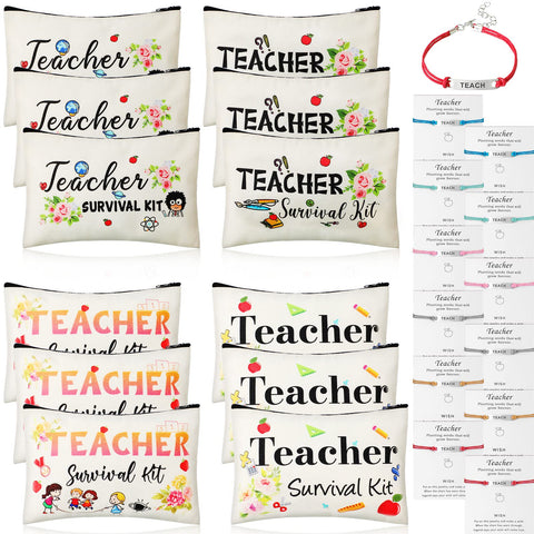 24 Pieces Teacher Appreciation Present Set, 12 Teacher Survival Kit Bag Makeup Pouch Bag, 12 Teacher Blessing Card Bracelet, Teacher Cosmetic Bag Kit for Teacher's Day (Vibrant Style, 9.1 x 5.9 Inch)