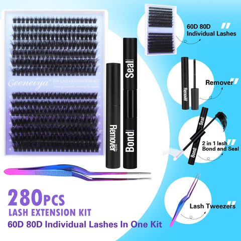 Geeneiya Fluffy Lash Extension Kit Cluster Eyelash Extension Kit Clusters Individual Lashes Kit with Lash Bond and Seal Glue, Lash Remover, Lash Applicator, User Manual for Beginners(60P+80P, 280Pcs)