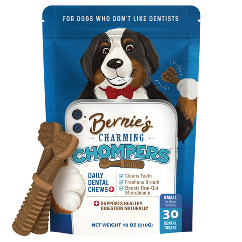 Bernie's Charming Chompers - Daily Dental Chews for Dogs 15-25 Lbs. - 30 Count - Cleans Teeth, Freshens Breath, Boosts Oral-Gut Microbiome. Easy to Digest, Supports Healthy Digestion Naturally