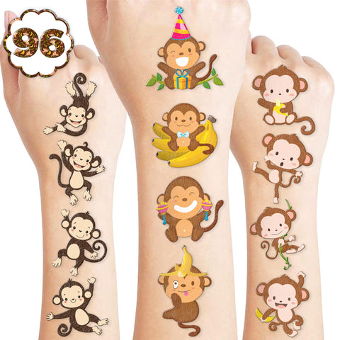 100PCS Little Monkey Tattoos Temporary Birthday Party Decorations Favors Supplies Decor Cute Funny Wild Monkeys Jungle Safari Animals Tattoo Stickers Gifts For Kids Boys Girls School Prizes Carnival