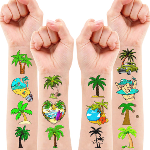 101 PCS Palm Tree Leaves Temporary Tattoos Birthday Party Decorations Supplies Favors Luau Hawaiian Themed Tropical Summer Palm Coconut Tree Beach Pool Decor Stickers Gift School Prizes Rewards