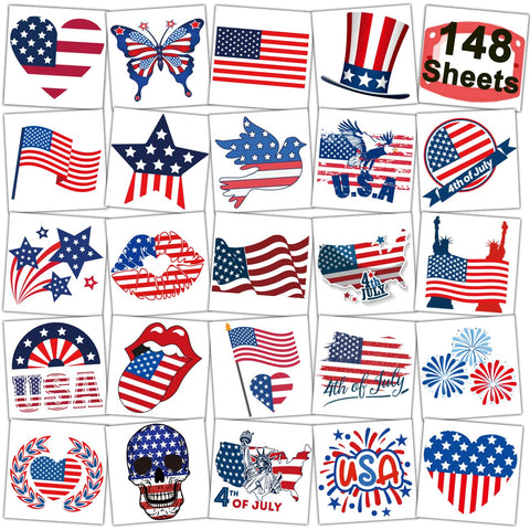 CHARLENT 4th of July Temporary Tattoos - 148 Individually Sheets American Flag Tattoos for Kids Women Men Independence Day Party Decorations and USA Party Favors