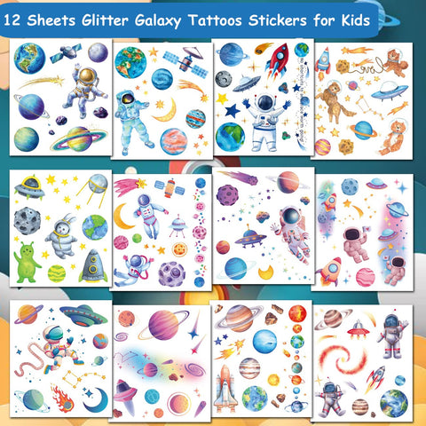 CHARLENT Glitter Galaxy Temporary Tattoos for Kids - 12 Sheets Glitter Outer Space Tattoos for Boys Girls Birthday Party Favors Goodie Bag Fillers