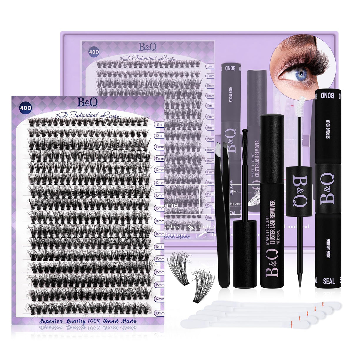 B&Q Lash Extensions Kit for Beginners 3D Eyelash Extension Kit 320pcs 40D Lash Clusters Kit 8-18 Mixed Lash Kit Fluffy Individual Lashes Kit with Lash Bond Seal Remover?Q40D-8-18MIX?