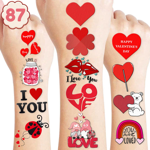 Heart Temporary Tattoos 8 Sheets 87 PCS Valentine Party Decorations Supplies Favors Red Heart Love Theme Birthday Cute Stickers Christmas Gifts for Boys Girls Class School Prizes Carnival