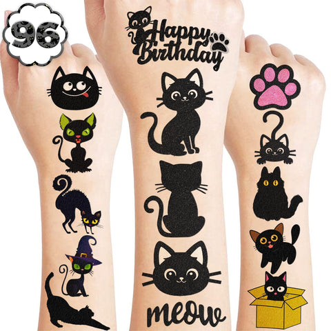 96 PCS Cute Black Cats Cat Temporary Tattoos Sticker Themed Birthday Party Decorations Supplies Favors Decor Funny Pet Meow Tattoo Sticker Gifts For Kids Girls Boys School Prizes Carnival Halloween