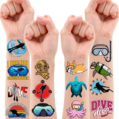 100PCS Cool Scuba Diving Temporary Tattoos Stickers Ocean Summer Beach Birthday Party Favors Decorations Supplies Decor Underwater Sports Tattoo Gifts For Kids Diver Boys Girls School Prizes Carnival