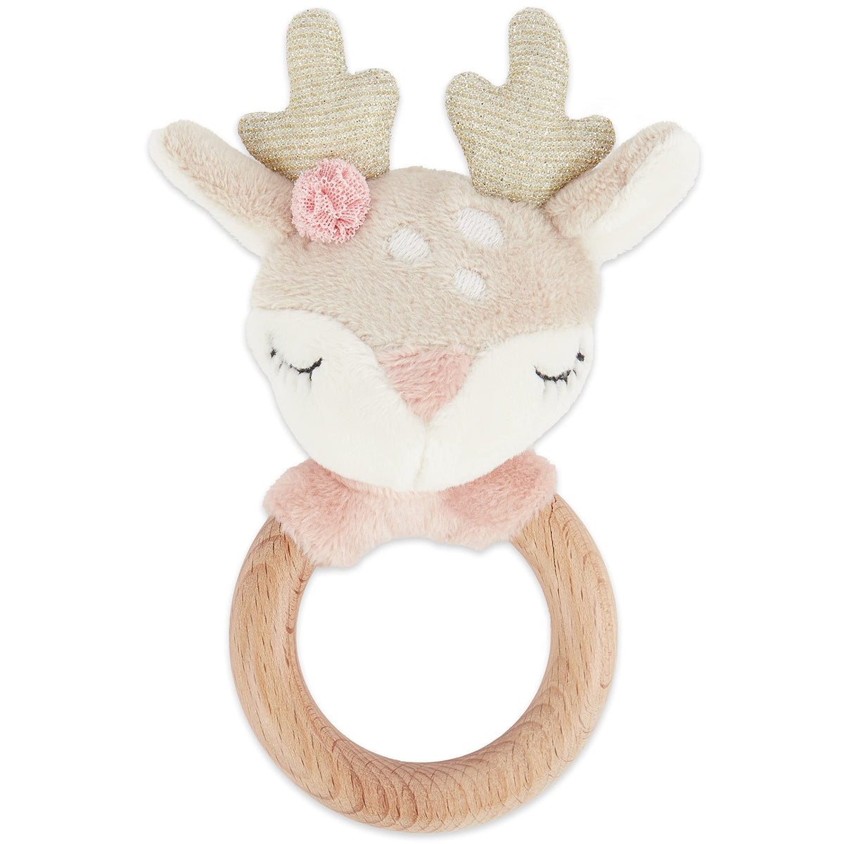 Bieco Wooden Grasping Toy Baby Rattle Diameter 8 cm Length 15 cm Cute Deer Baby Rattle Fabric with Wooden Ring Baby Grasping Toy Rattle for Boys and Girls Grasping Toy with Deer Fabric Rattle