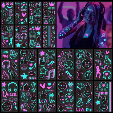 Konsait 20 Sheets Glow in the Dark Tattoos for Kids Adults, Music Notes Body Face Neon Party Tattoos Waterproof Blacklight Tattoos for Boys Girls Women Birthday Gifts Glow Party Supplies